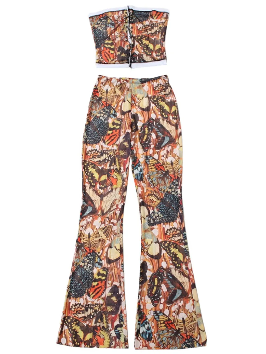 LW sexy Women Fashion 2piece Set sleeveless Crop Top Butterfly Print Top + Flared Pants Set Elastic Matching Streetwear Outfits