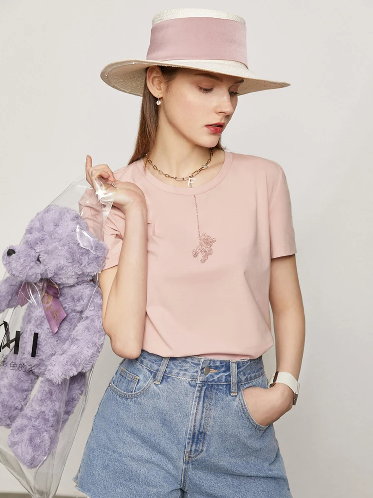 AMII Minimalism T-shirt for Women 2023 Summer New Casual Versatile White Round Neck Short Sleeve Bear Embroidered Tops 12322061