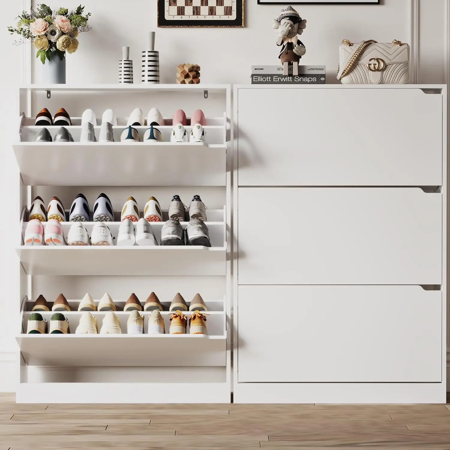 3 أدراج قابلة للطي، وحدة تخزين أحذية مخفية من الخشب القوي، ومنظم أحذية نحيف وضيق قائم بذاته لمدخل الباب الأمامي