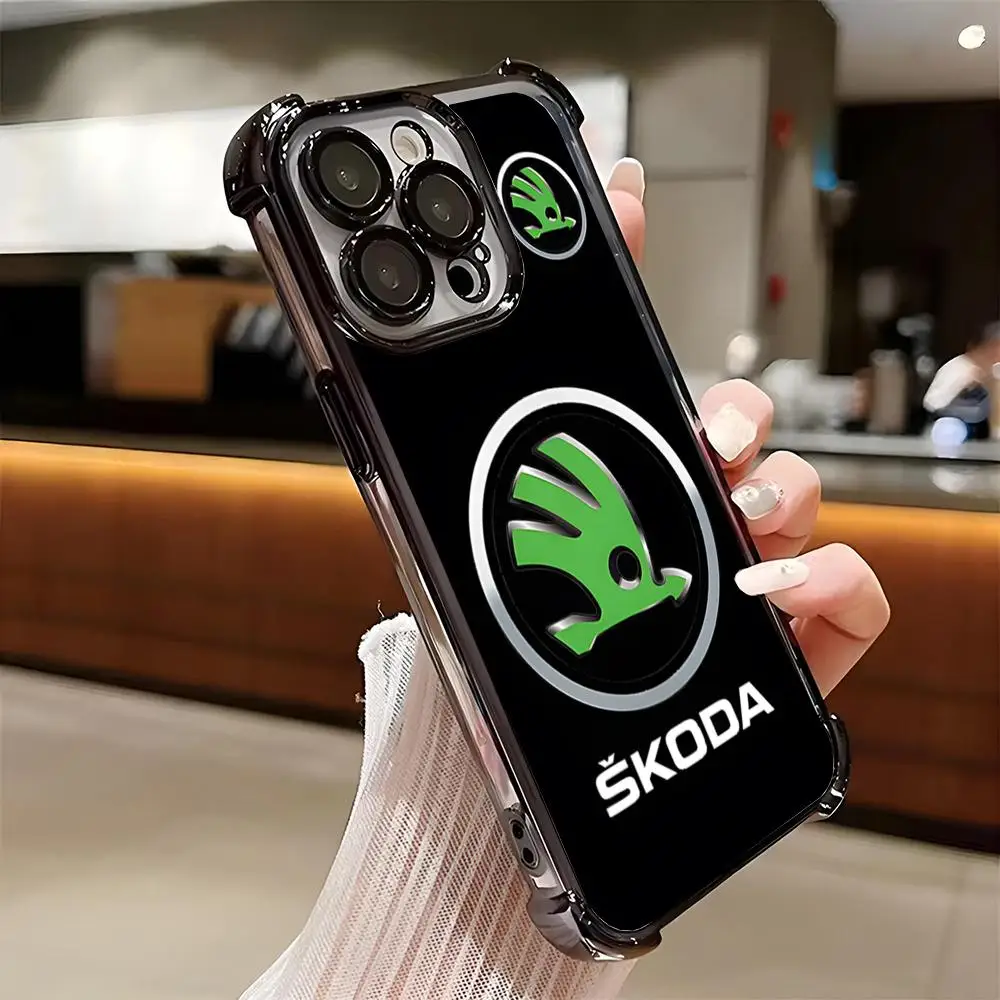 Super Car Design-Skoda Phone Case Plating For IPhone 17 Pro Max 16 E 15 14 Plus 13 12 11 Air Anti-Fall Airabag Soft Cover