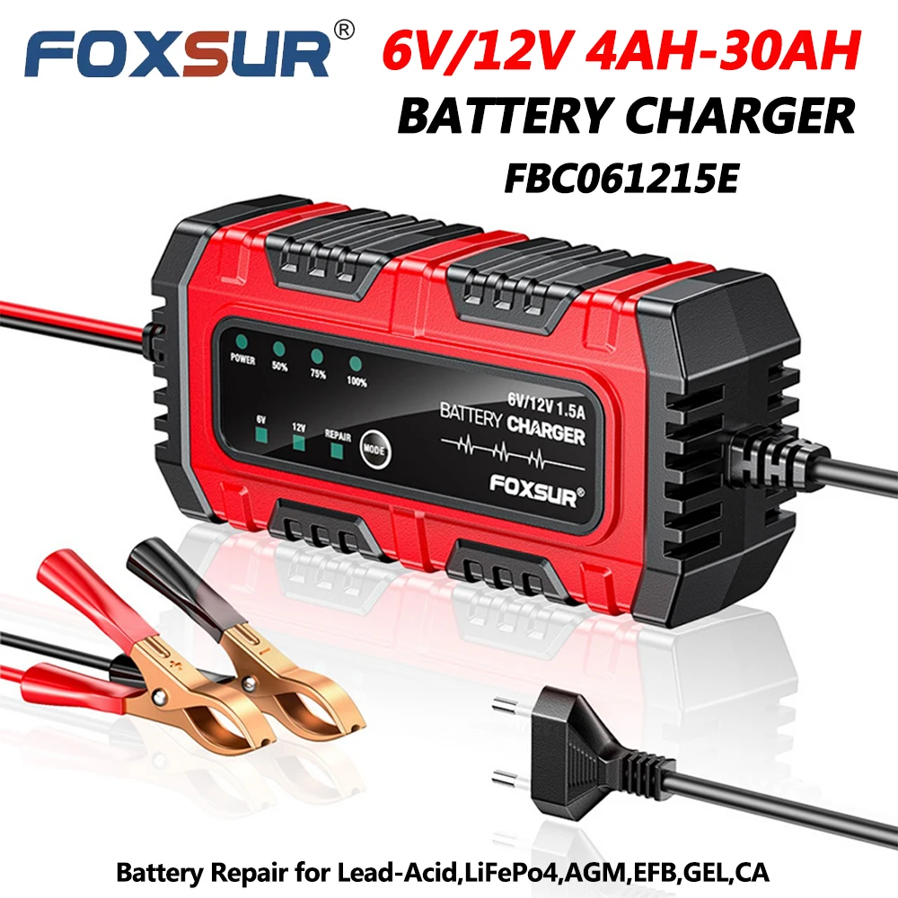 

FOXSUR 6 В 12 В 1,5 А FBC061215E Зарядное устройство 4AH-30AH Автомобиль Мотоцикл LiFePo4 AGM EFB GFL Устройство обслуживания аккумулятора ЖК-дисплей