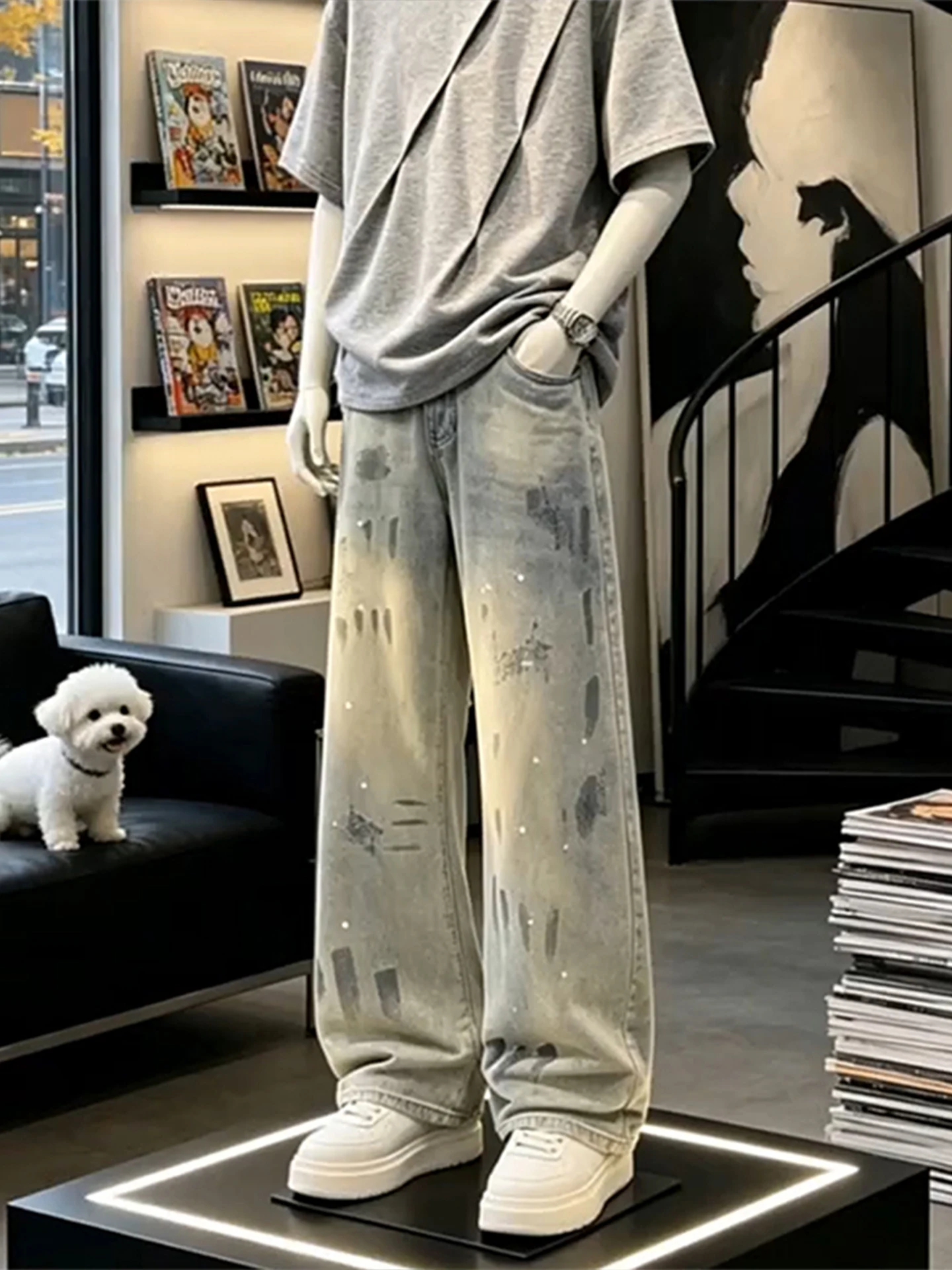 Washed Distressed Ink Splatter Denim Jeans Men's Vintage Straight Leg Micro Flared Pants Casual Straight Cut Resistant Deform...