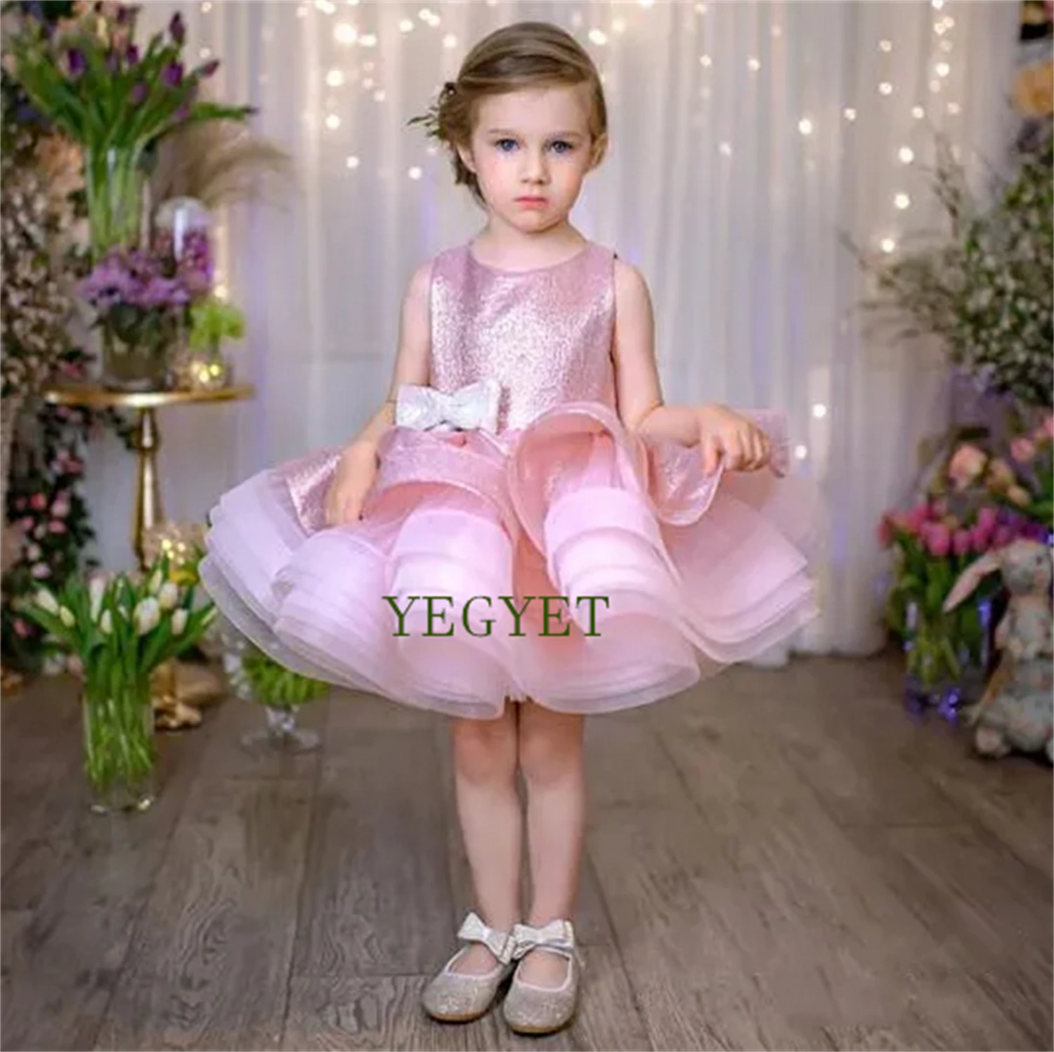 

Pink Satin Baby Girl Dress Sequin Bow Cotton Lining Full Fluffy Skirt Flower Girl Dress Infant Toddler Tutu Birthday Gown