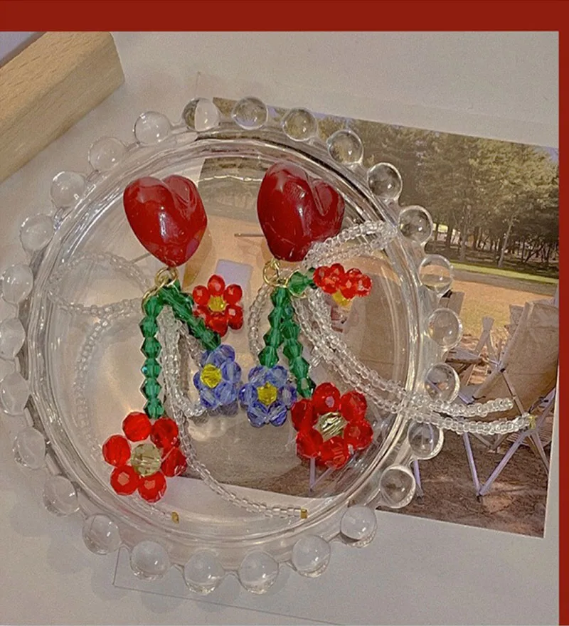 New Love Flower Bow Earrings Summer Cute Style Fashion Handmade Beaded Women\'s Sweet Earrings