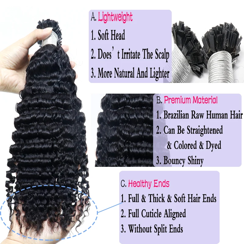 3B 3C Afro Kinky Curly K Tip Microlinks Hair Extensions Human Hair Brazilian Virgin Hair I Tip Human Flat Fusion Hair Extensions