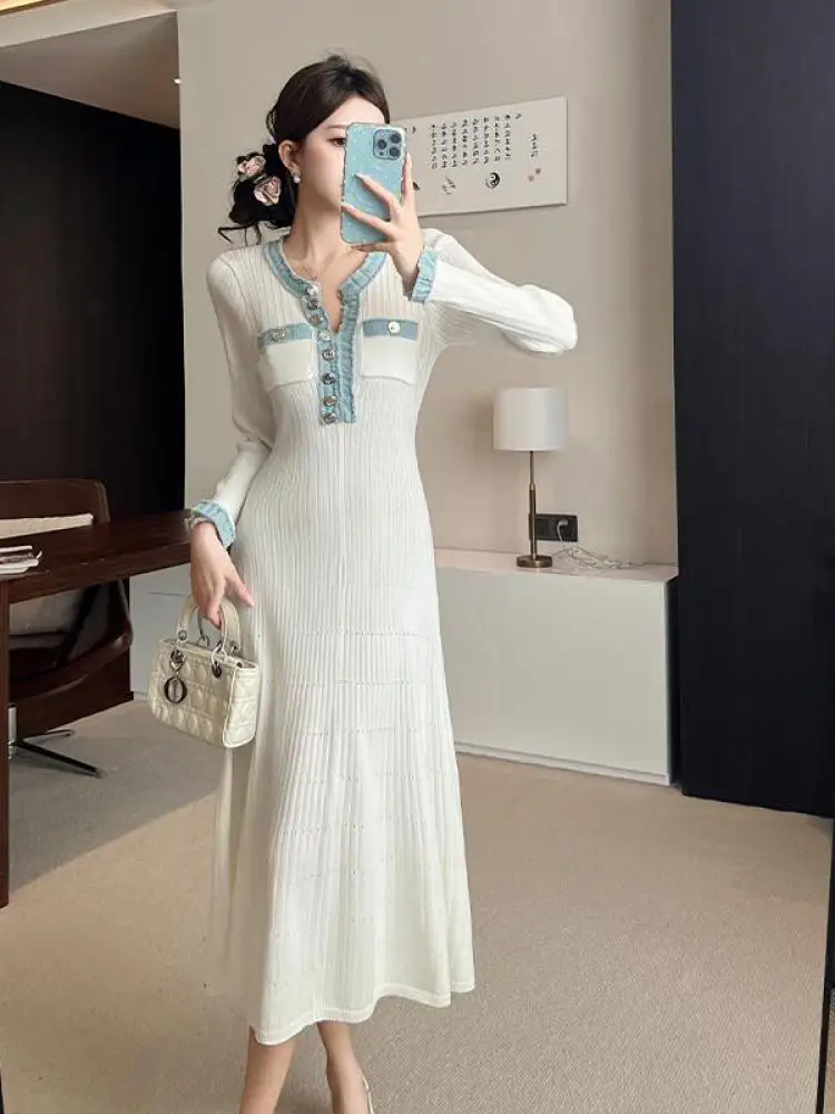 Robe coréenne en Patchwork noir et blanc pour femmes, col rond, élégante, Slim, manches longues, simple boutonnage, tricotée, tendance, automne hiver