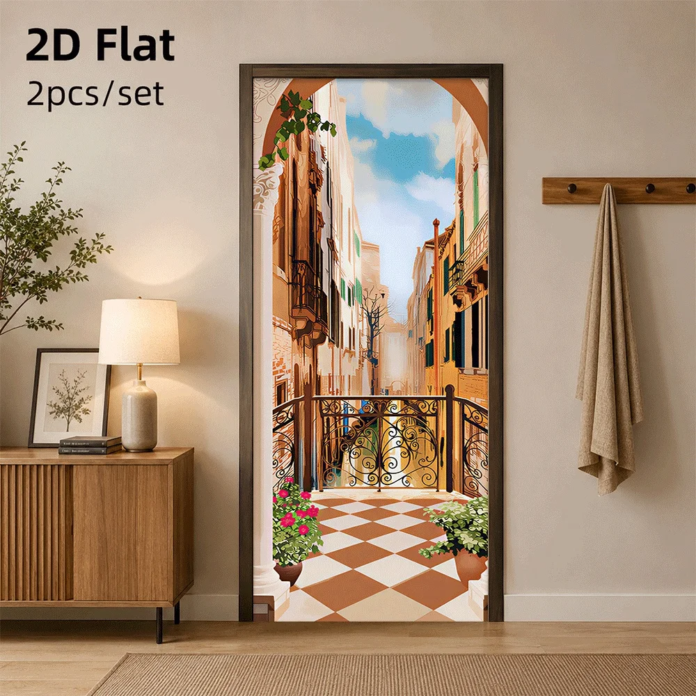 1 European retro Venetian alley door sticker with romantic street view decoration 2D plan