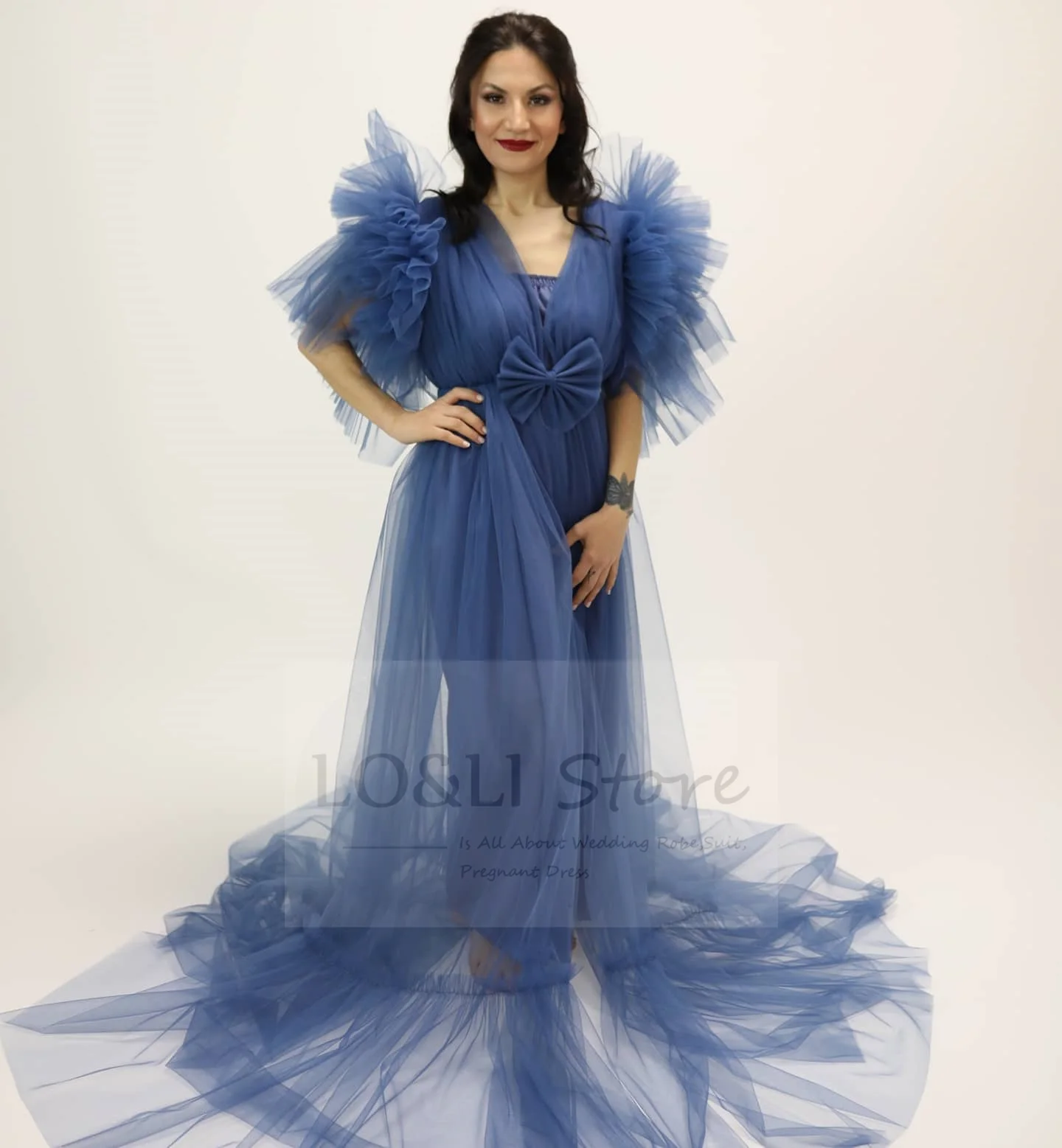 Fluffy Short Sleeve Blue Wedding Robe For Women Bridal with Bow Long Robe Custom Morning Robe Pregnant Photoshoot Baby Shower