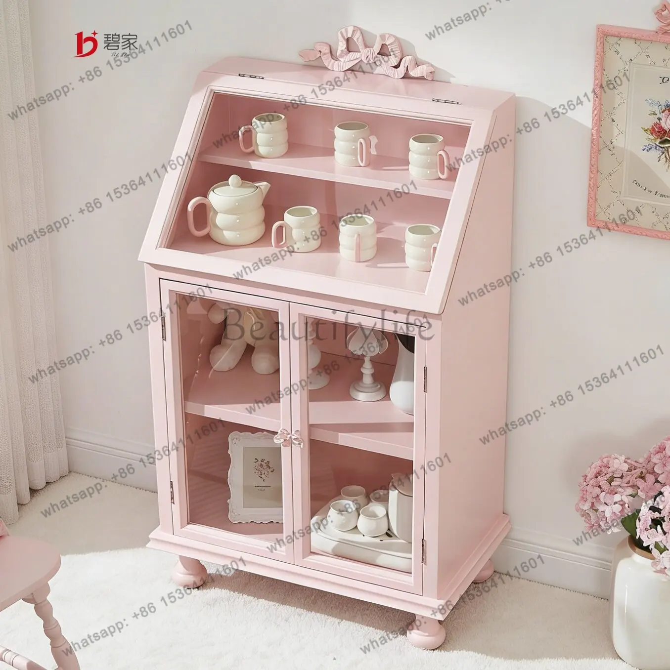 PG French carved solid wood dining side cabinet glass living room display dopamine pink figure display cabinet