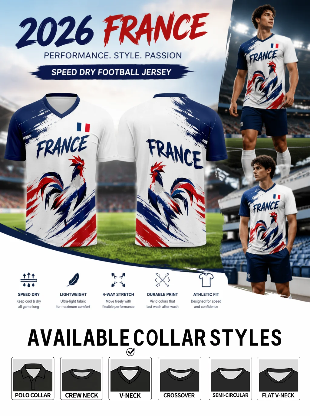 2026 France soccer jersey, brush‑stroke rooster graphic and classic national‑flag color matching