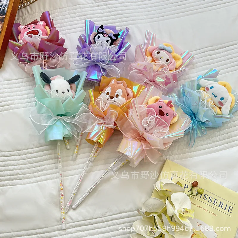 Sanrioes Anime Melody Kuromi Cinnamoroll Pochacco Plush Bouquet Valentine Christmas Children Cartoon Magic Wand Kids Toy Gift