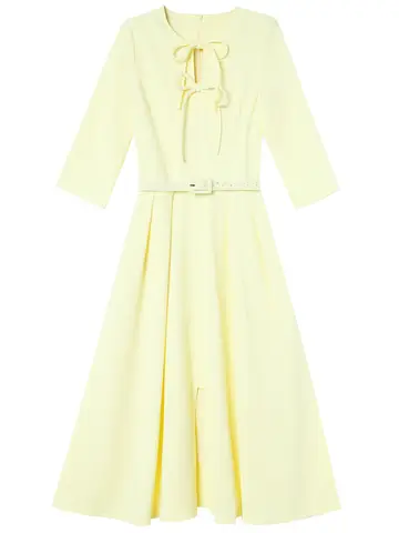 ZJYT Autumn New Women Bowknot Yellow Casual Dresses Three Quarter Sleeves Elegant Knee Length Dress 2025 Runway Fashion Clothes