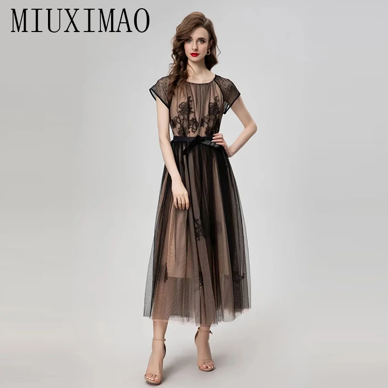 

MIUXIMAO 2024 Summer Elegant Pretty Dress Women Solid O-Neck Short Sleeve Travel Slim Diamonds Embroidery Long Dress Belt