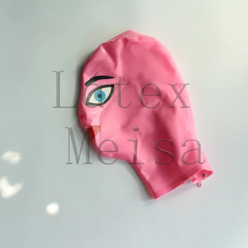 

Cartoon Head Latex hoods pink rubber masks open nostrils and including eyes eyebrown and mouth with back zip