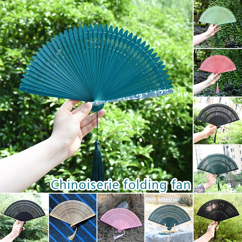 Handheld Folding Fan With Tassel Hollow Out Design Wedding Decorative Chinese Style Retro Wood Carving Art Craft Hand Fans