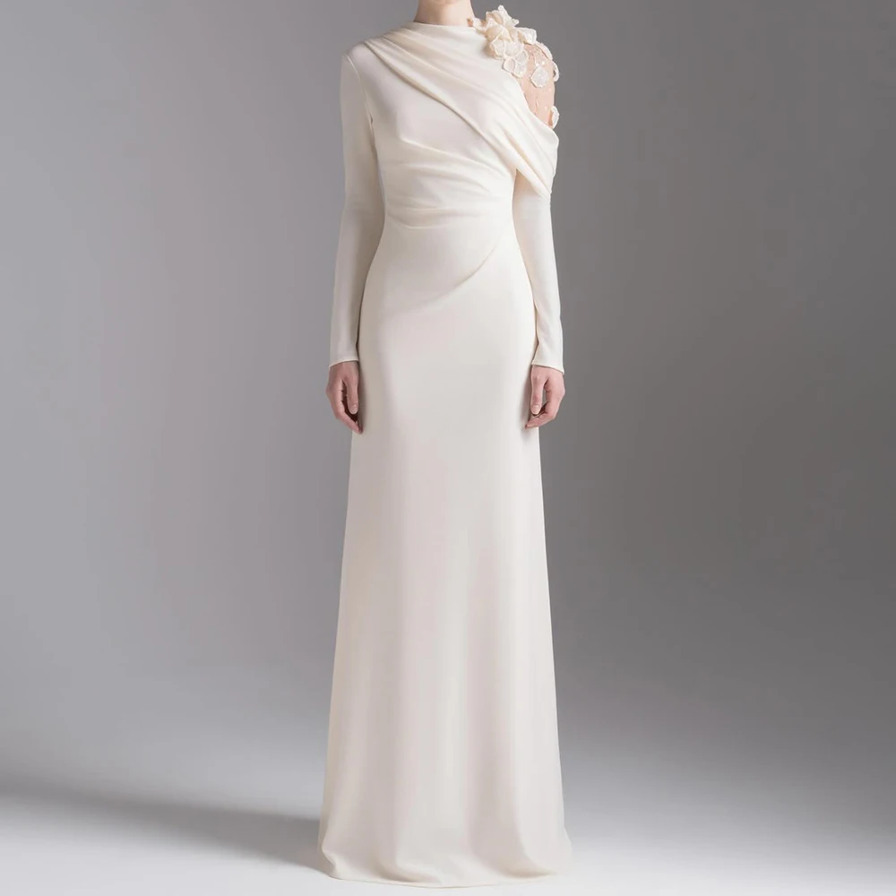 فساتين سهرة مخصصة على شكل حرف A بطول الأرض ورقبة عالية وأكمام طويلة فستان حفلات موضة زهور بسيطة ثنيات كاجوال للحفلات