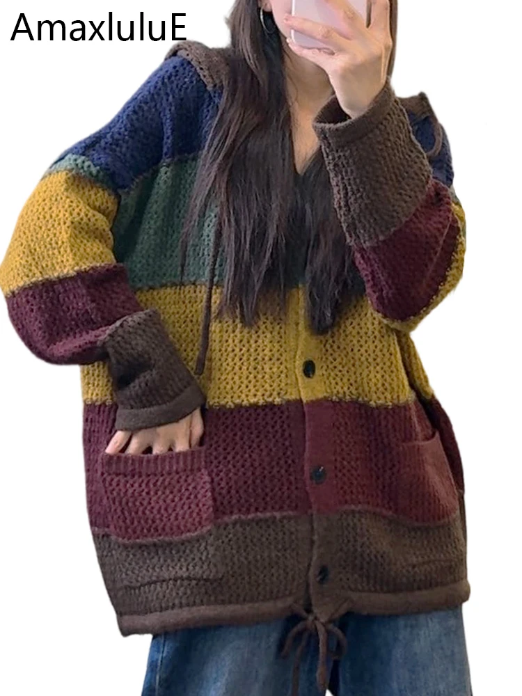 Amax LuluE Koean-cárdigans de moda de invierno para mujer, suéteres de punto holgados clásicos, prendas de punto informales con capucha de gran tamaño