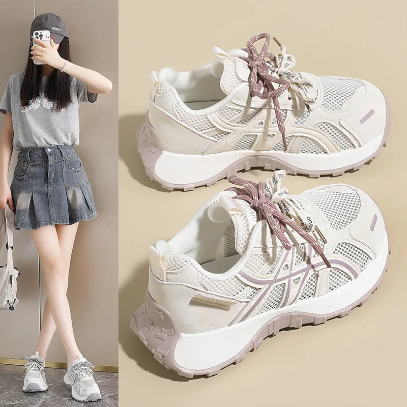 Women's Dad Shoes 2026 Summer Sports and Leisure Thick soled Raised Mesh Breathable Outdoor Running Shoes