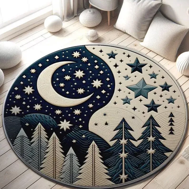 Black and Gold Round Rug Sun and Moon Design Celestial Yin Yang Carpet Boho Mystical Floor Mat Unique Spiritual Home Unique Gift