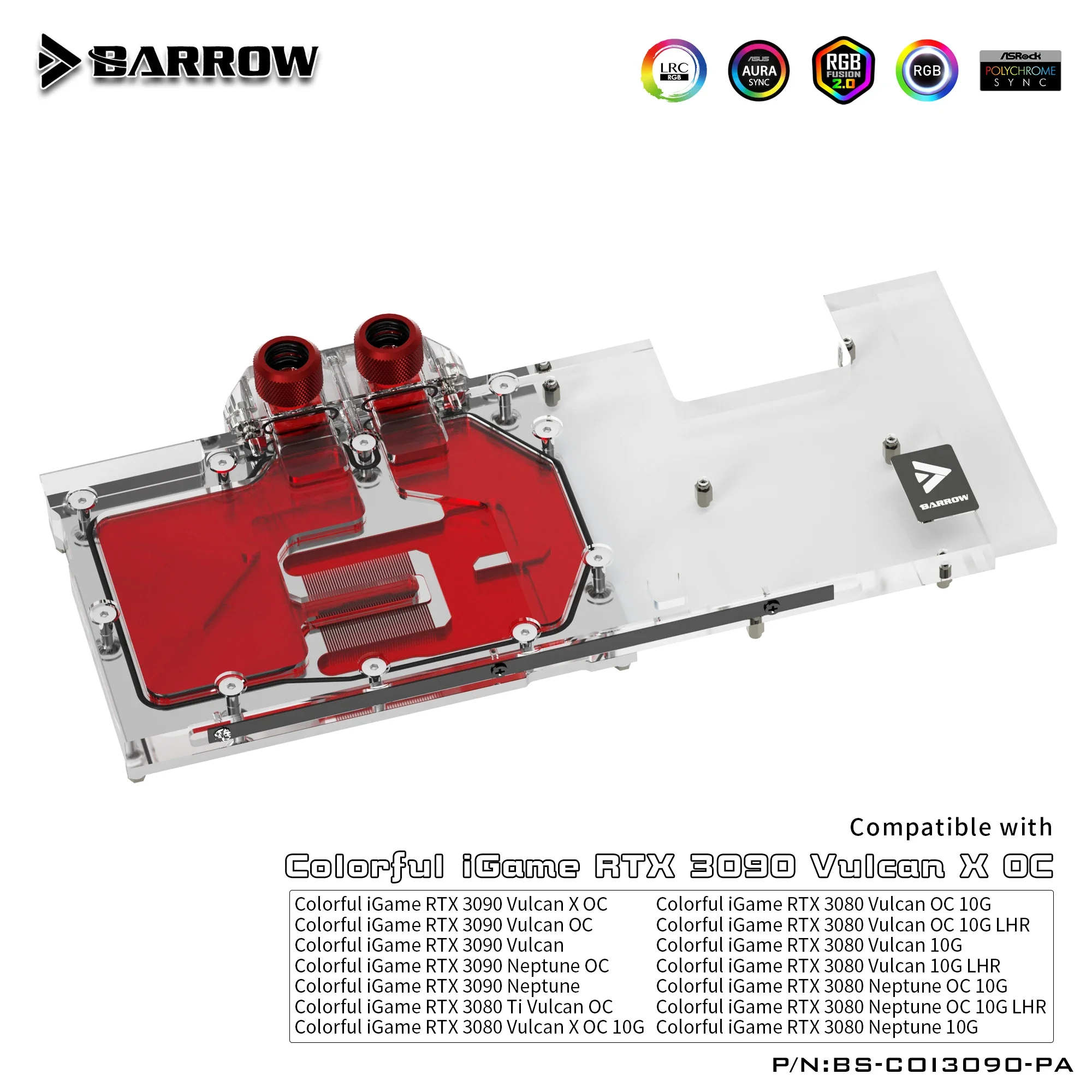 

BARROW Water Block use for Colorful iGame RTX 3080 Vulcan X OC/Neptune OC GPU Card LRC2.0 Full Coverage Copper Radiator A-RGB