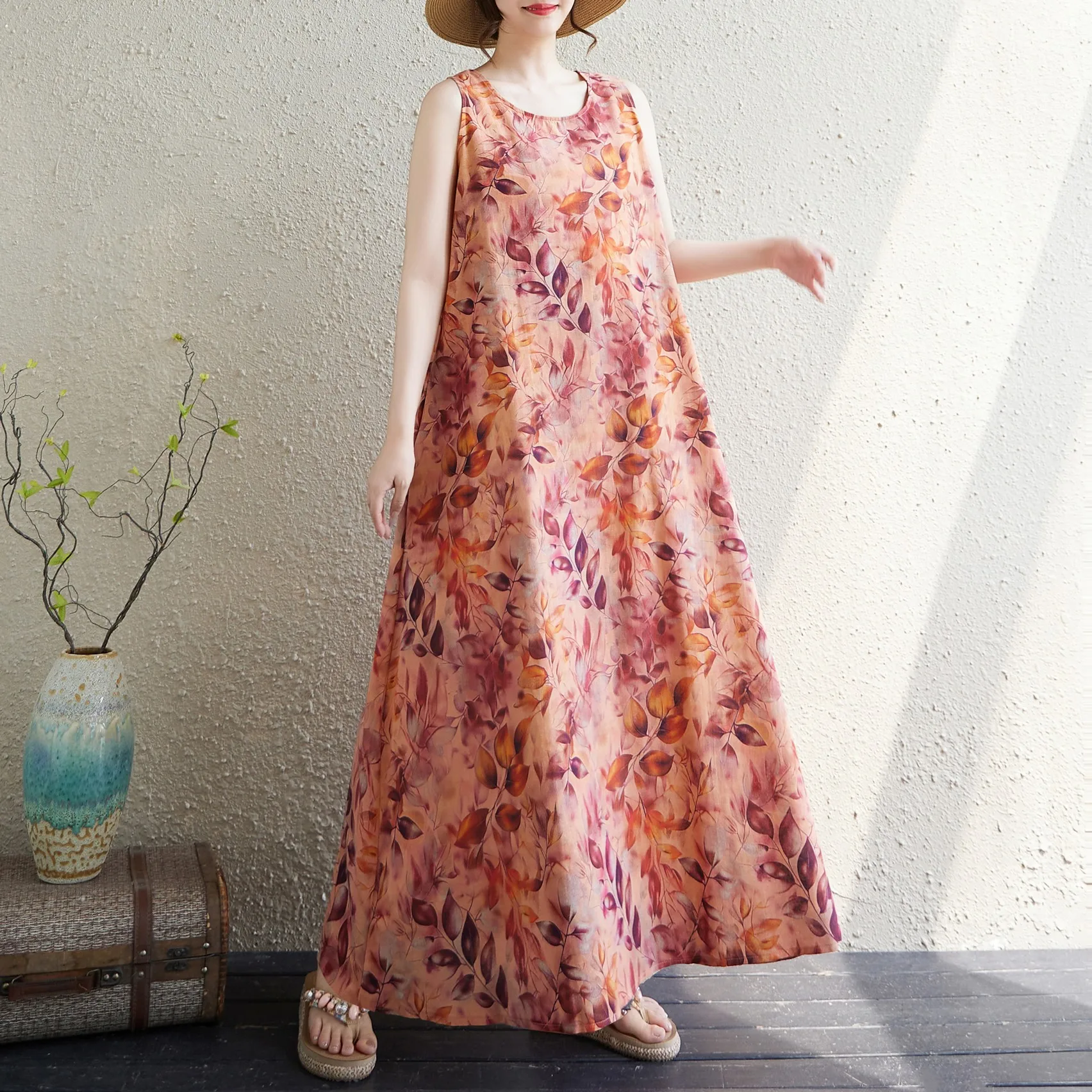 

Богемное длинное платье больших размеров, летнее, новое, без рукавов, с круглым вырезом, с принтом, в милом стиле, из хлопка, для дома, А-силуэт...