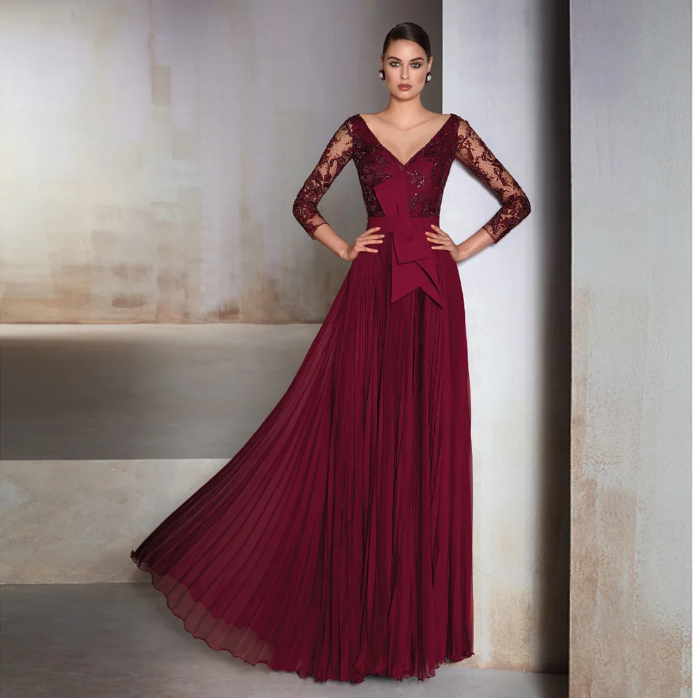 

Burgundy Mother of the Bride Dresses V Neck 3/4 Sleeves Wedding Party Gowns Appliques Floor Length A-Line Chiffon فساتين السهرة