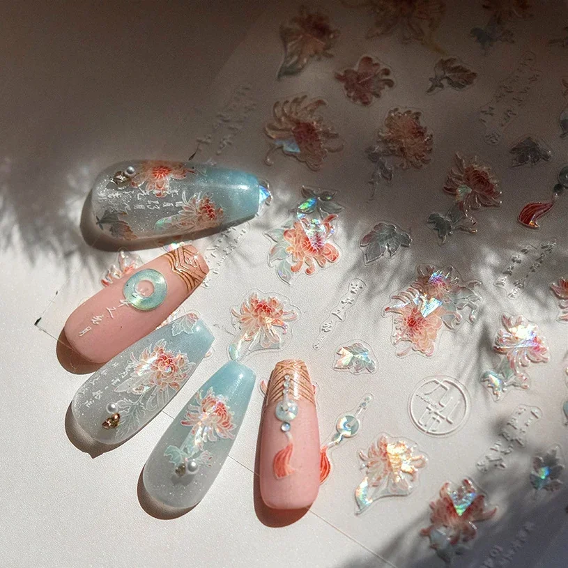 Autocollant 5D pour Nail Art, fleur d'osmanthus, chrysanthème, papillon, personnage chinois, Vase en Relief, adhésif pour manucure, automne jaune