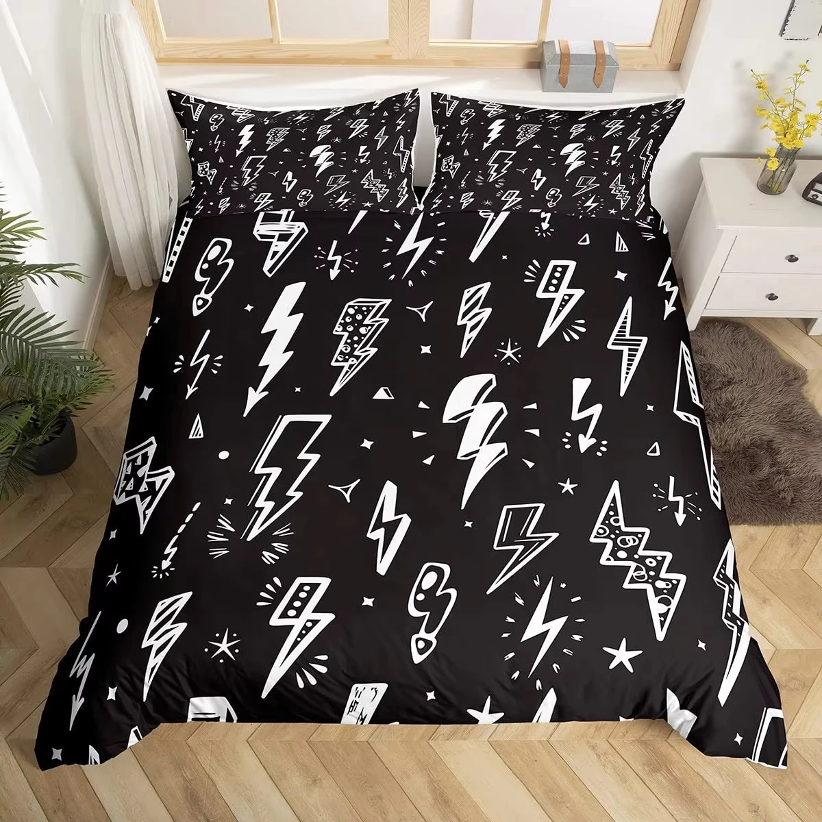 Lightning Duvet Cover Set Hand Drawn Doodle Lightning Bolt Bedding Set Thunderbolts Flash Comforter Cover Microfiber Quilt Cover