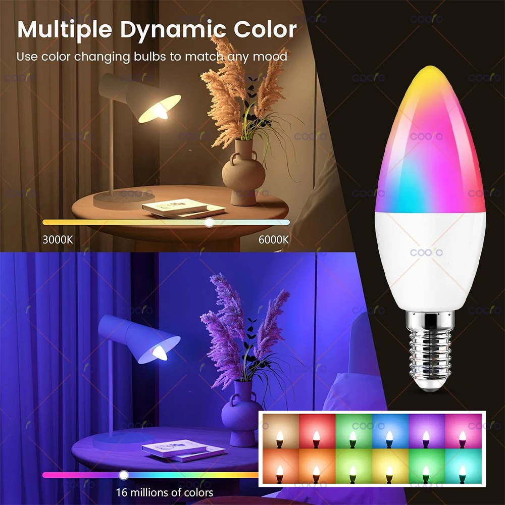 COOLO Tuya Smart Life E14 Bluetooth Smart Candelabra Light Bulbs 5W RGB+CW LED Lamp AC 220V-240V Dimmable Crystal Group Lamps