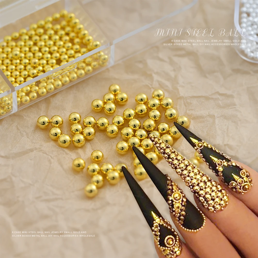 6 Grids Gold/Silver Stainless Steel Beads 3D Nail Art Charms 0.8-3mm Mixed-Size Metal Caviar Ball Gems DIY Luxury Manicure Part