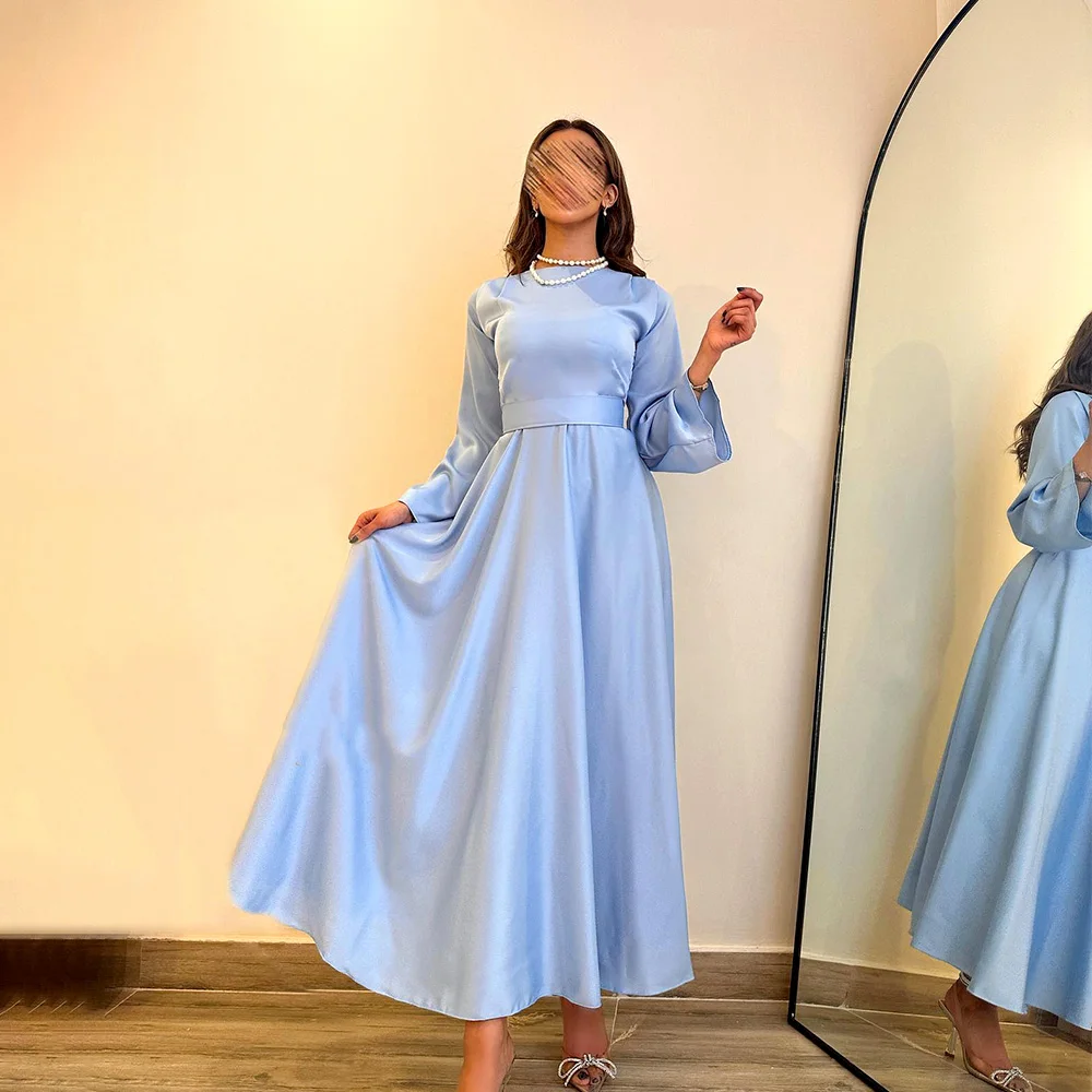 

Sky Blue Satin A Line Saudi Arabic Evening Dreses Long Sleeve Elegant Muslim Dubai Prom Party Dress Ankle Length Formal Gowns