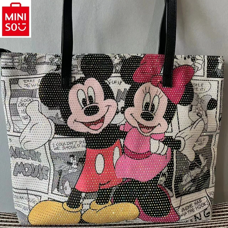 

MINISO Disney Women's High Quality Diamond Shining Mickey Minnie Cute Two sided Pattern Large Capacity Handheld Tote Bag