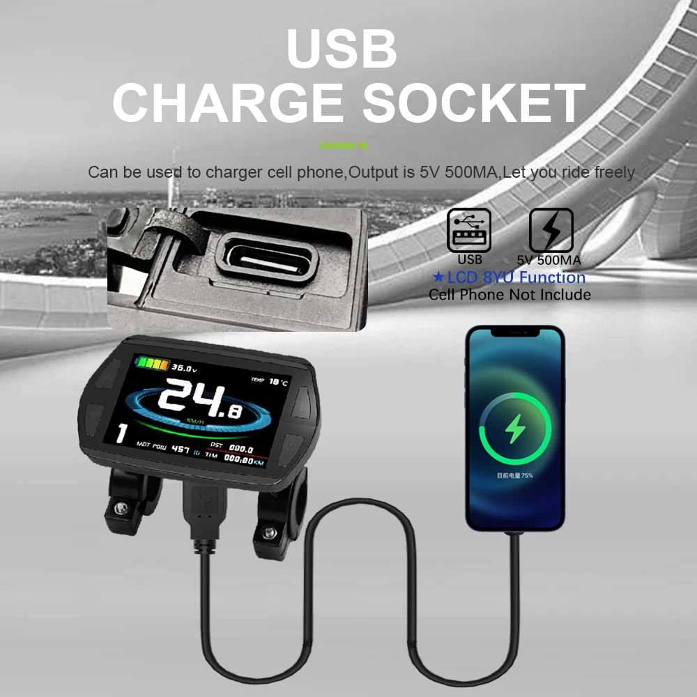 

Электрический велосипедный дисплей KT-LCD8YU (24В/36В/48В) с USB и цветным датчиком освещенности для электровелосипедов, водонепроницаемый разъем KUNTENG