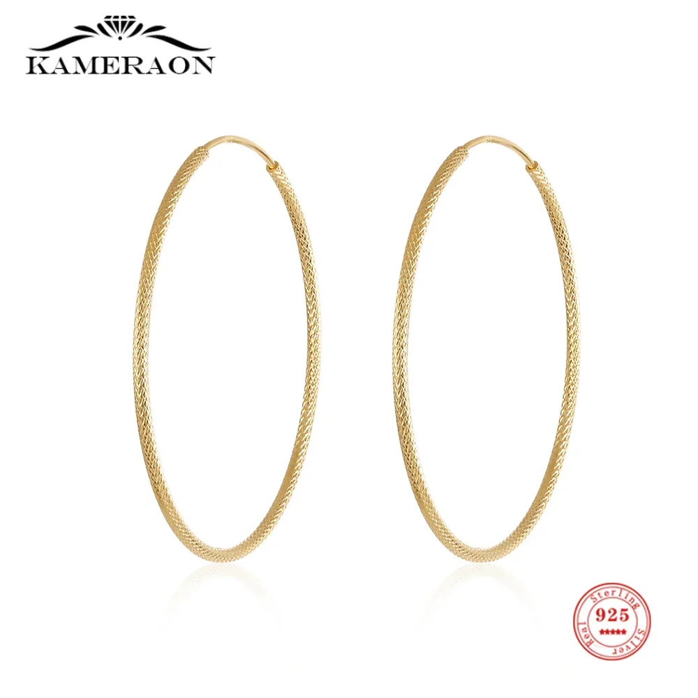 Kameraon Scrub Round Big Hoop Earrings Sparkle Silver 925 Real 40mm Hip Hop Large Circle for Women Fashion Fine Jewelry Gifts