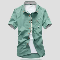 2023 Summer Mens Pure Cotton Embroidered  Casual Solid Shirts Men's Short Sleeve Dress Shirt Men Plus Size 5XL 4XL