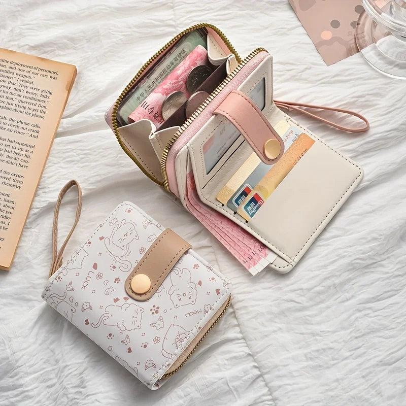 Playful Cat Mini-Geldbörse, kompakter Multi-Kartenhalter mit Reißverschluss und Handschlaufe, leichtes Geschenk für Frauen/Lehrerinnen