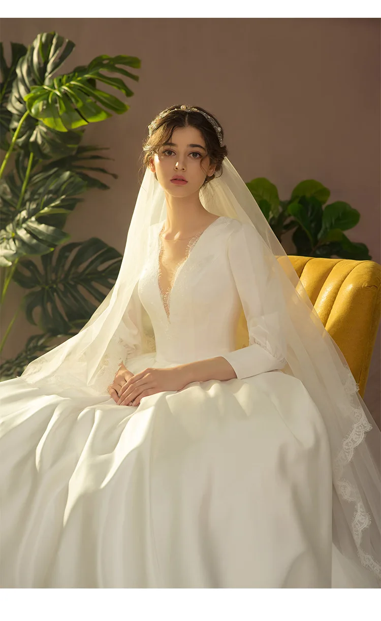 

Элегантное атласное свадебное платье принцессы с длинными рукавами по индивидуальному заказу, свадебное платье со шлейфом и v-образным вырезом для Mariage