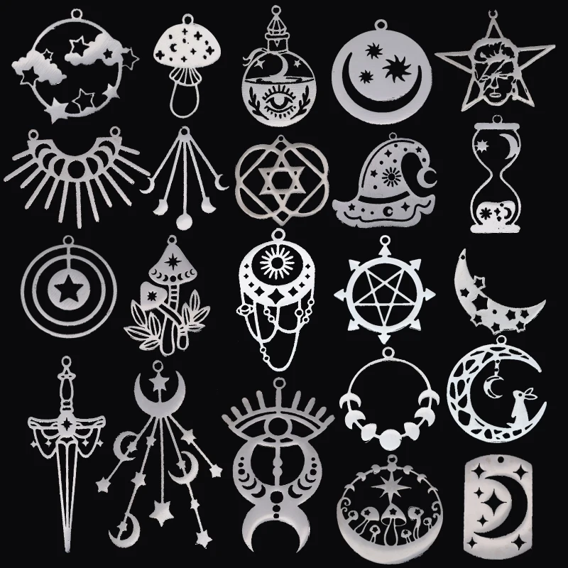 3pcs DIY Craft Tassels Earrings Necklace Star Moon Phase Charms for Jewelry Making Stainless Steel Cross Sword Evil Eye Pendant