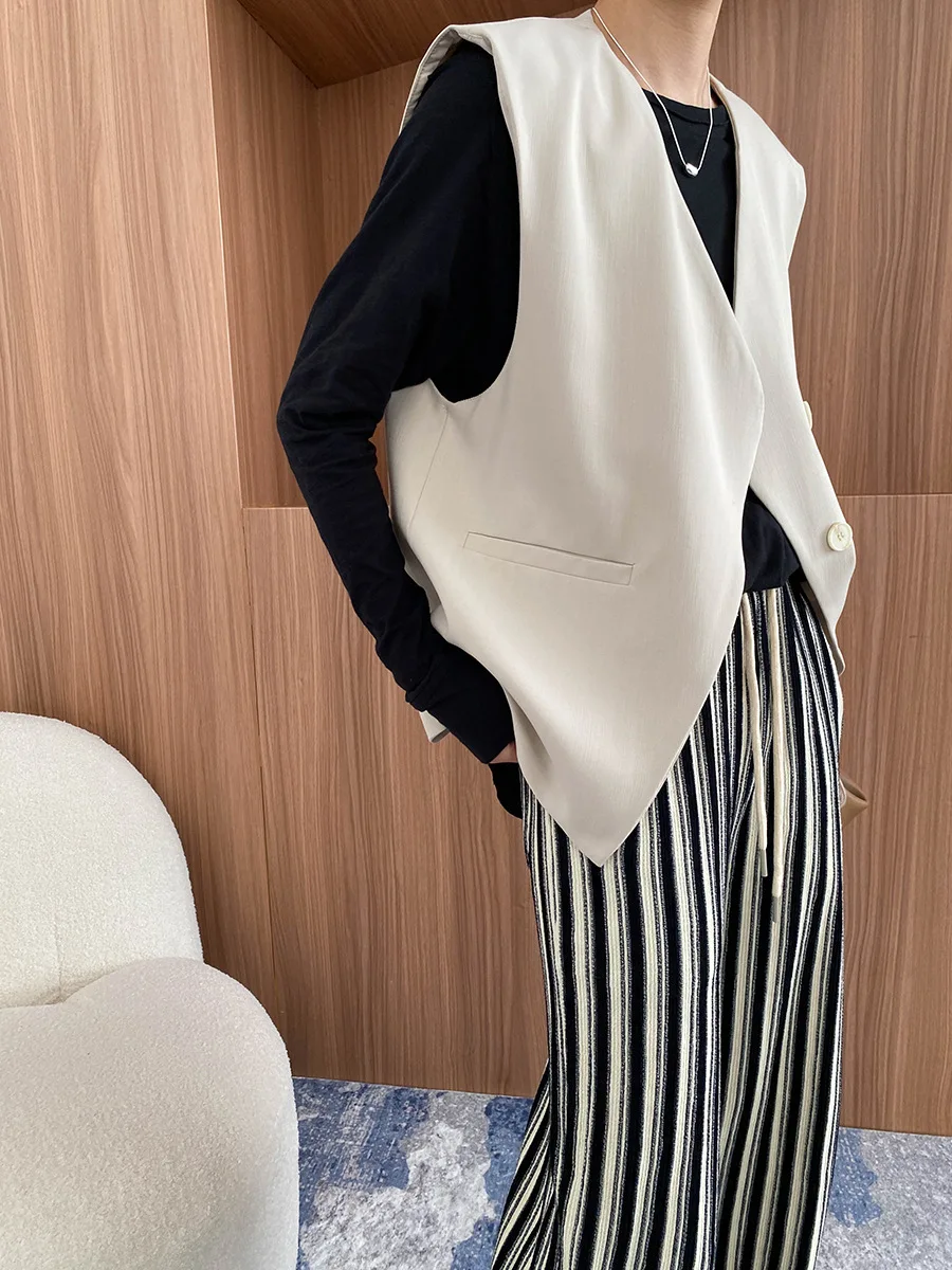 Wiosenna i jesienna damska luźna kamizelka z dekoltem w szpic w jednolitym kolorze