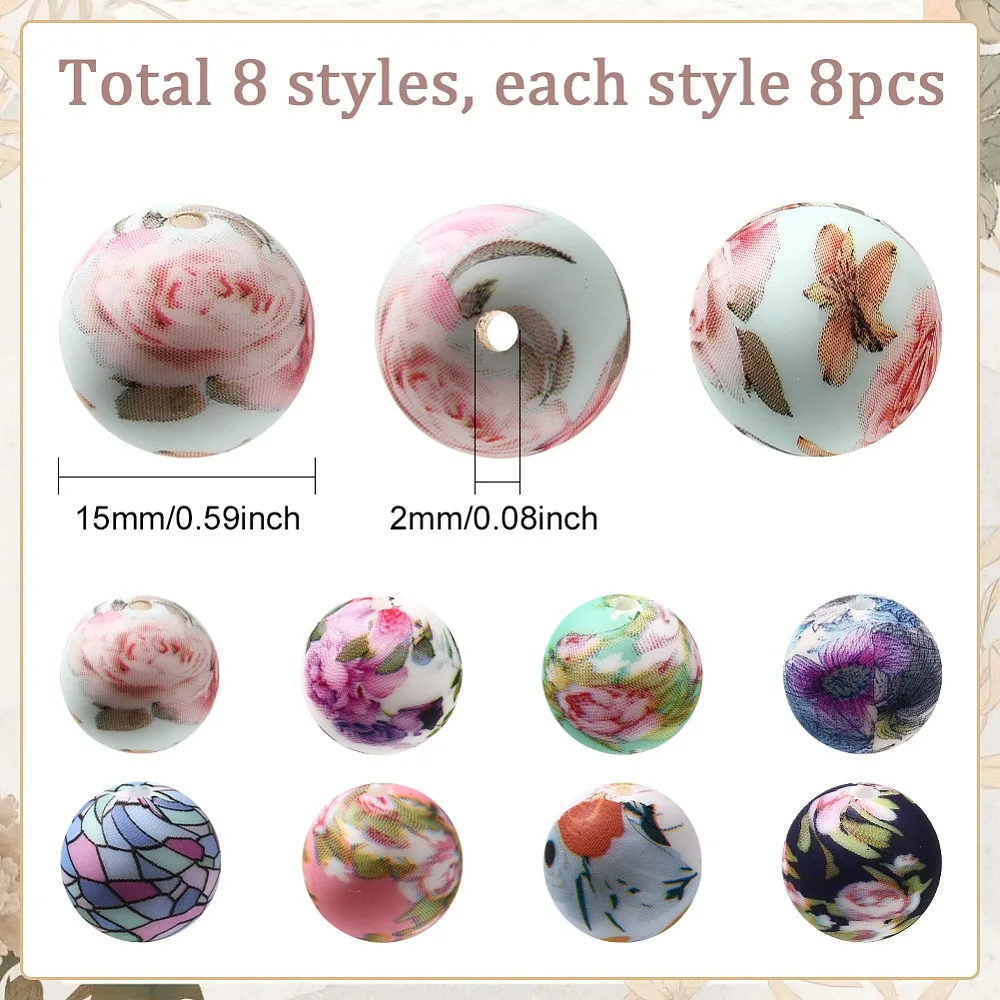 

64Pcs 8 Colors Printed Round Focal Beads Mixed Color 15mm Hole: 2mm 8pcs/color