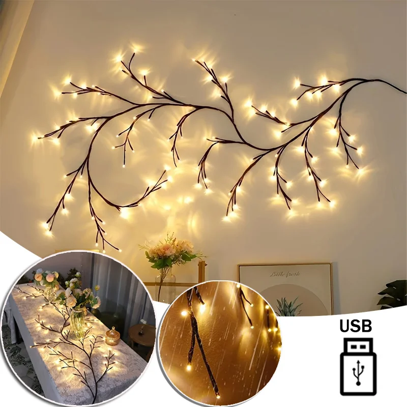 Flexible Willow Vine Light Home Wedding Decorations DIY Rattan Tree Luminous Branch Light Wall Fireplace Party Bedroom 144LED