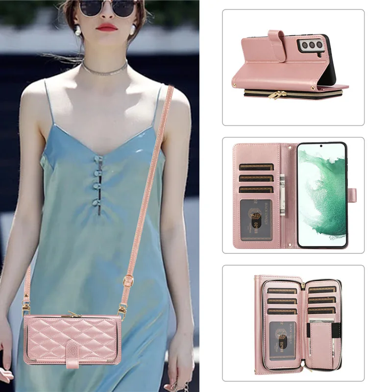 Luxury Wallet Strap Phone Holder Case for Samsung S23 Ultra S22 Plus S21 FE S20 S10+ Note 20 Ultra 10 A54 34 A53 33 A32 52 51 71