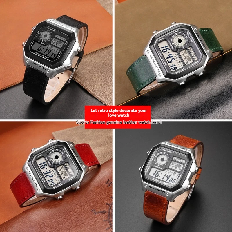 18mm Genuine Leather Watch Band for Casio AE1200/AE1300/A158W/A168W/W-218H, Retro Vintage  Strap, Men's Convex Mouth Bracelet