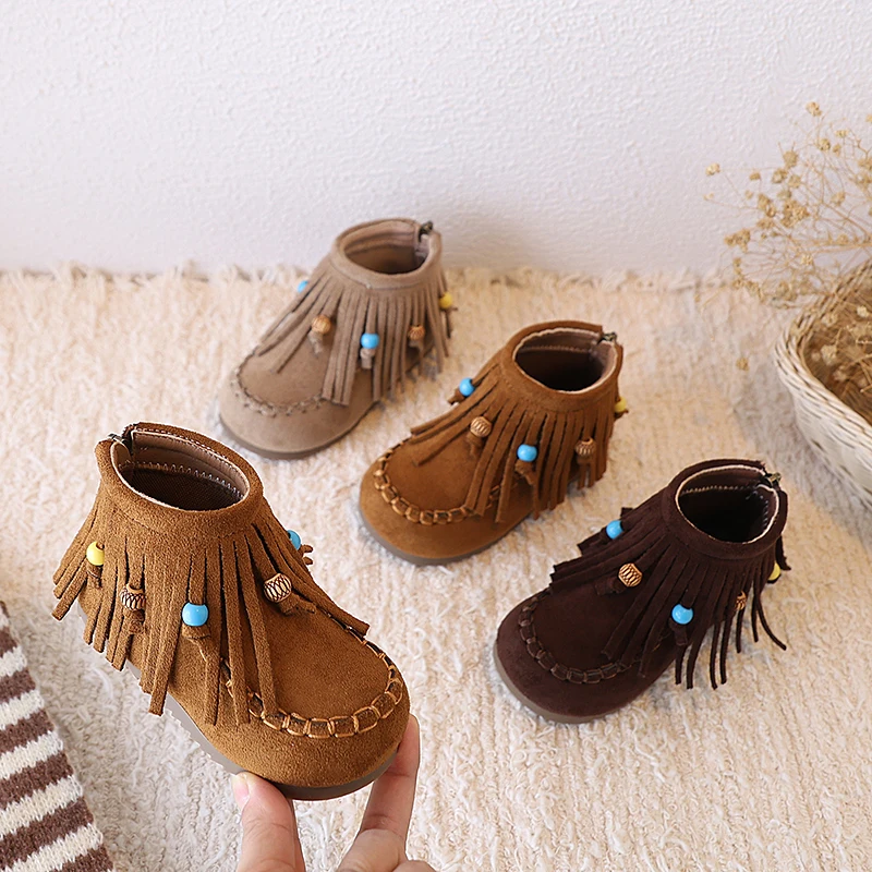 

Новинка 202, осенние модные ботинки для девочек, новый стиль, туфли принцессы с кисточками, высокие ботильоны для малышей Женские Ботинки