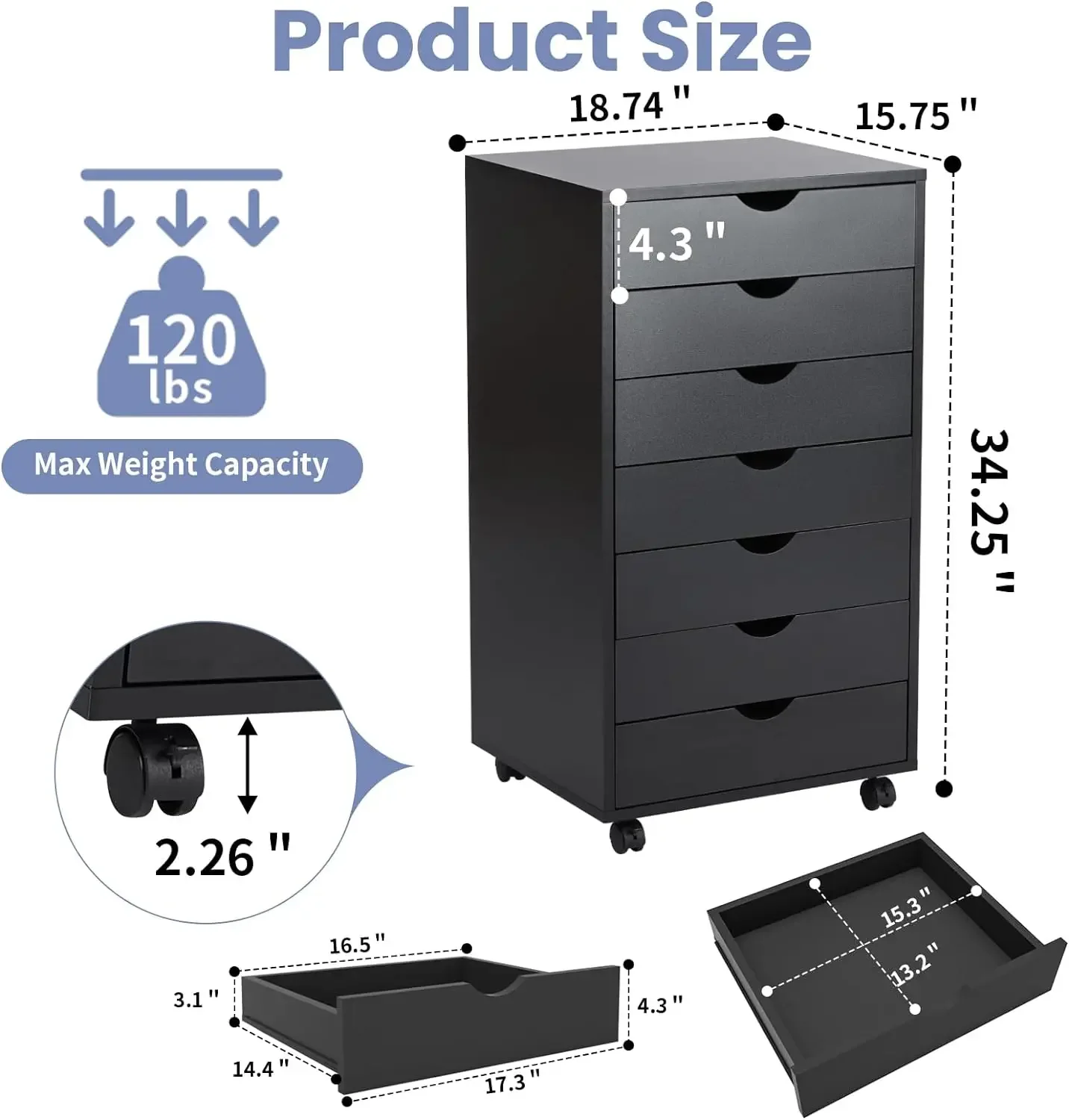 Drawer Chest Storage Organizer, Mobile File Cabinet Wood Dresser Printer Stand for Home Office Study, 7-Layers, Black