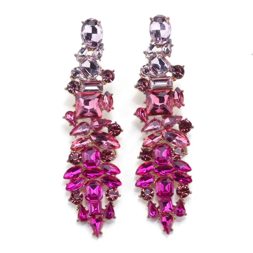 2024 New ZA Fashion Crystal Rhinestones Long Earrings Women Indian Statement Large Baroque Earring Jewelry Rose Green Blue Clear