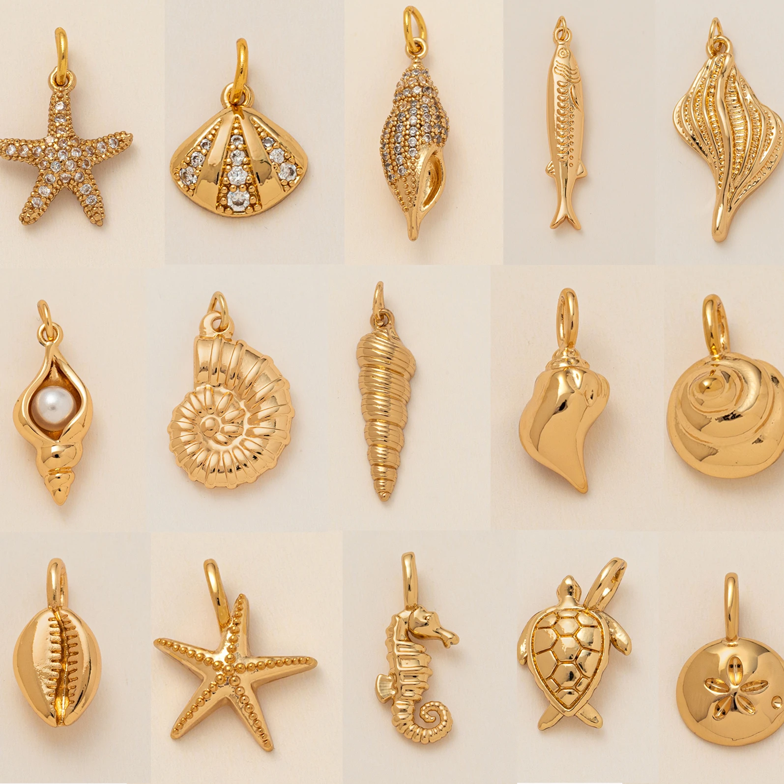 Vintage-Anhänger mit verschiedenen Designstilen, Meereslebewesen, Charms-Anhänger für DIY-Halskette, gerippt, glänzender Zirkon, Muschelschale, Meeresschildkröten-Anhänger