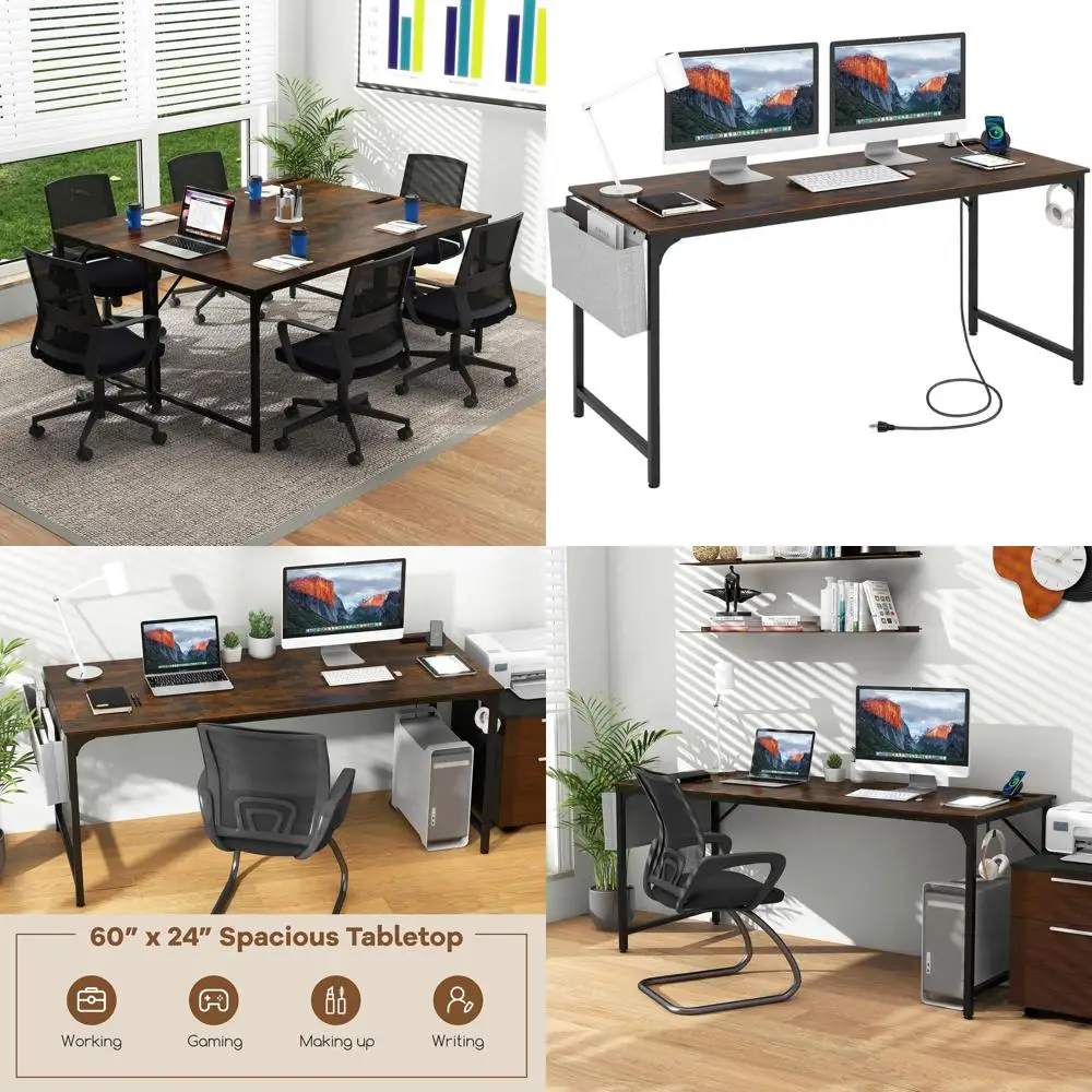 

Просторный компьютерный стол 60 дюймов с зарядной станцией, элегантный стол для учебы и письма с местом для хранения, металлический каркас, рабочая станция для домашнего офиса