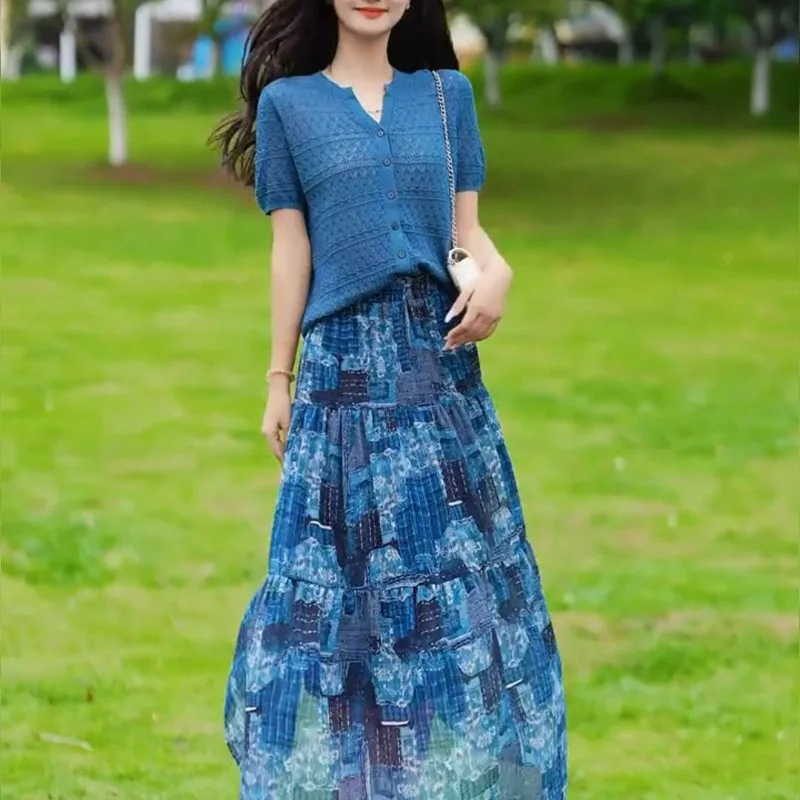 2025 New Summer Literary Blue Floral Print Skirt Women Breathable Ramie High Waist A-Line Patchwork Beach Skirt