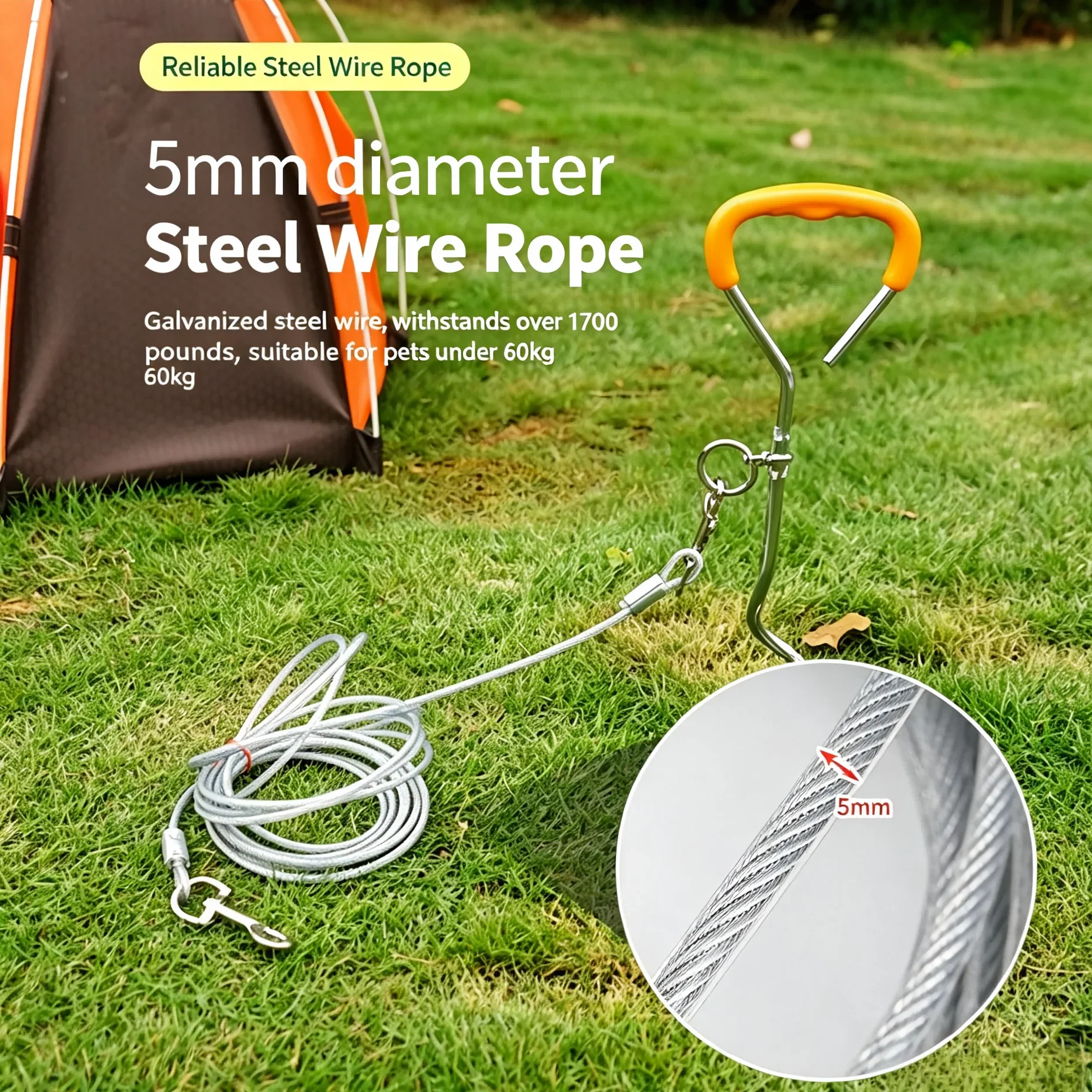 Stainless Steel Pet Tie Out Stake for Outdoor – Heavy Duty Dog Anchor with Steel Cable, Swivel Trailer Tie for Camping, Secure